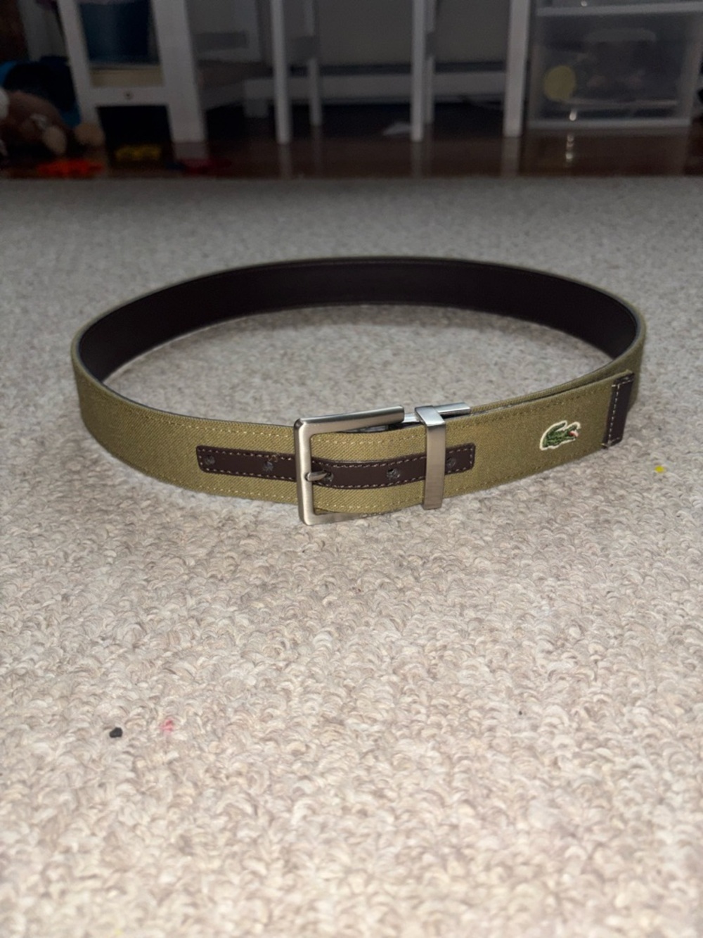 Lacoste Olive Canvas reversible leather Belt with Silver Buckle